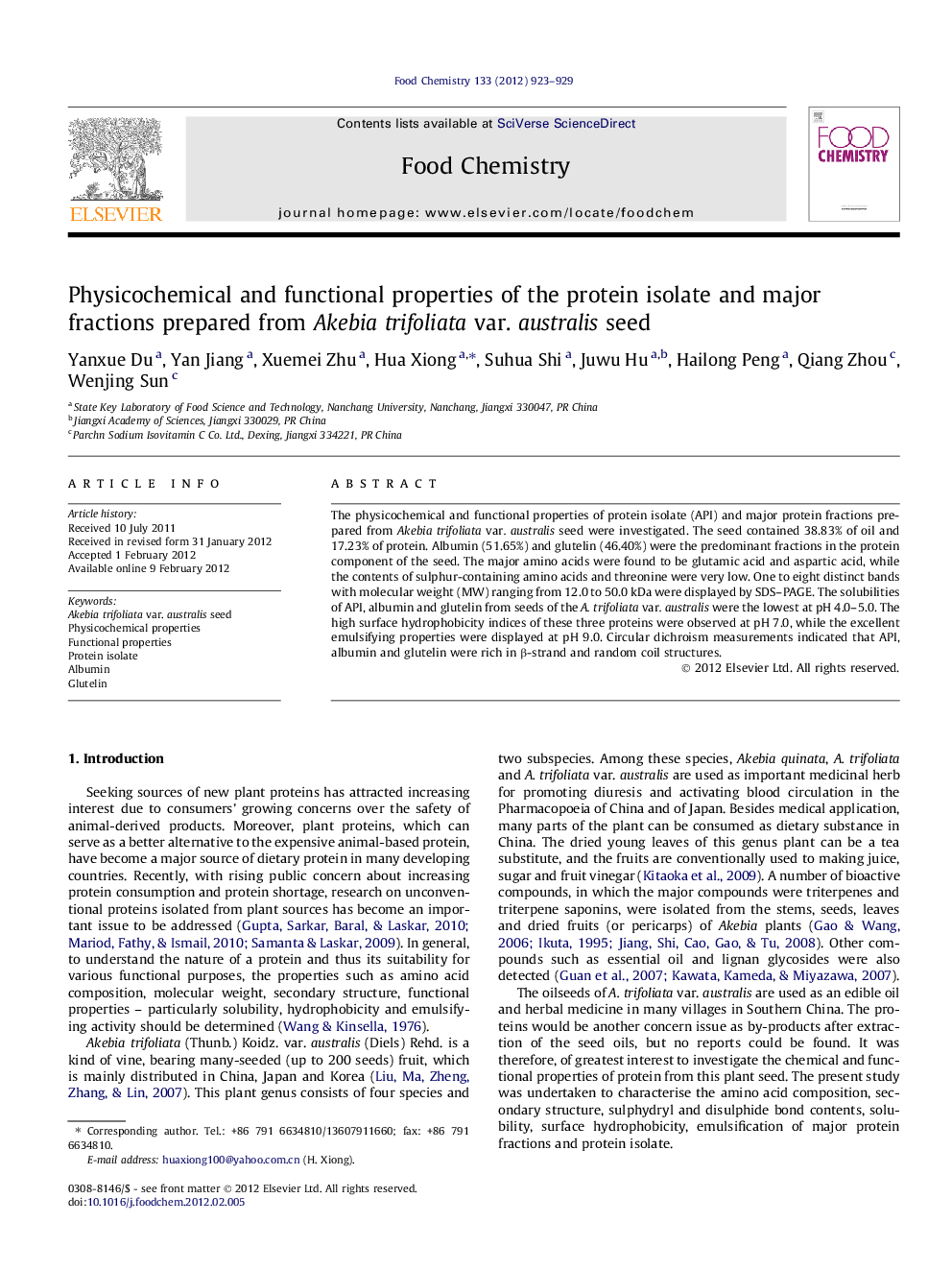 Physicochemical and functional properties of the protein isolate and major fractions prepared from Akebia trifoliata var. australis seed