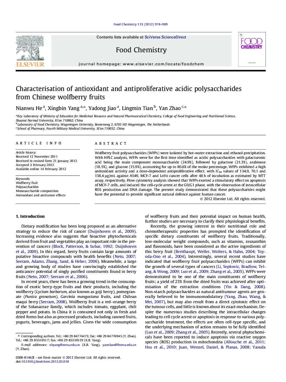 Characterisation of antioxidant and antiproliferative acidic polysaccharides from Chinese wolfberry fruits