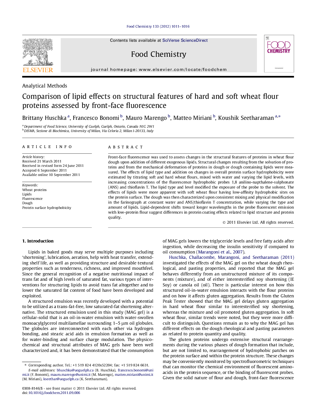 Comparison of lipid effects on structural features of hard and soft wheat flour proteins assessed by front-face fluorescence