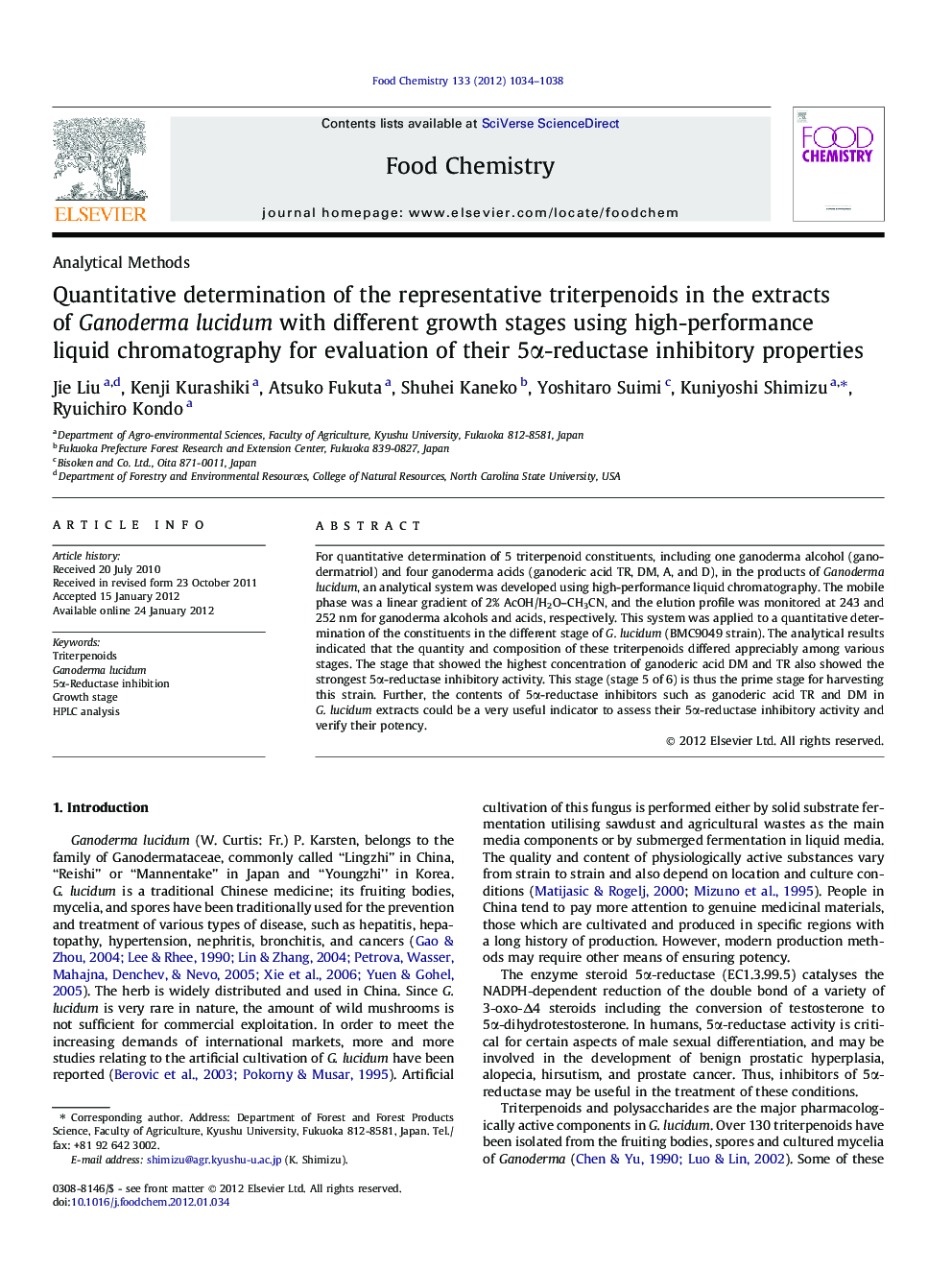 عکس صفحه اول مقاله: Quantitative determination of the representative triterpenoids in the extracts of Ganoderma lucidum with different growth stages using high-performance liquid chromatography for evaluation of their 5α-reductase inhibitory properties Quantitative determination of the representative triterpenoids in the extracts of Ganoderma lucidum with different growth stages using high-performance liquid chromatography for evaluation of their 5α-reductase inhibitory properties
