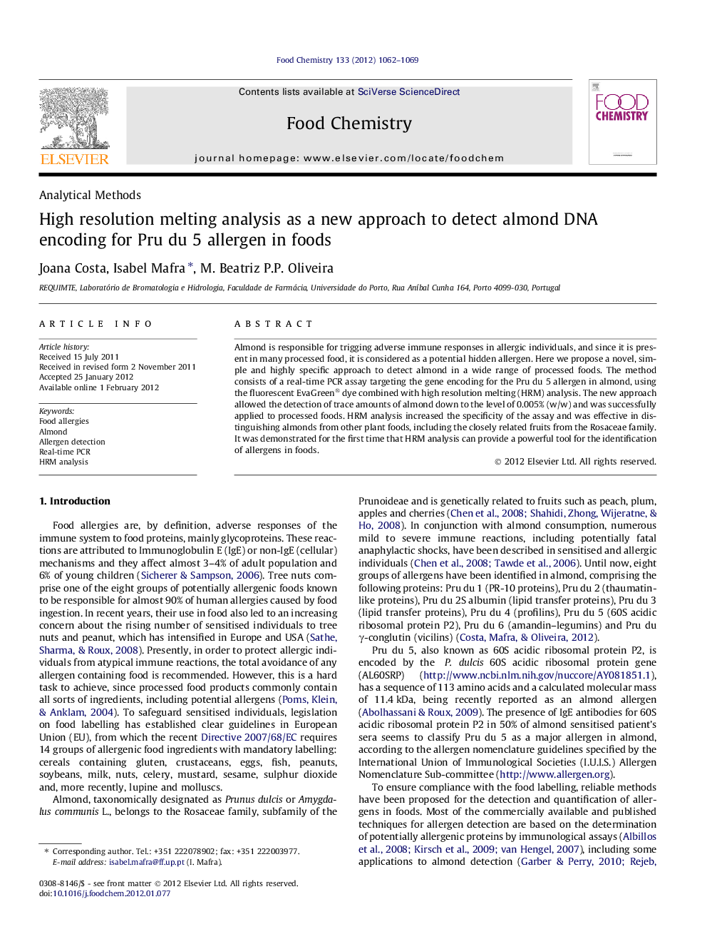 High resolution melting analysis as a new approach to detect almond DNA encoding for Pru du 5 allergen in foods