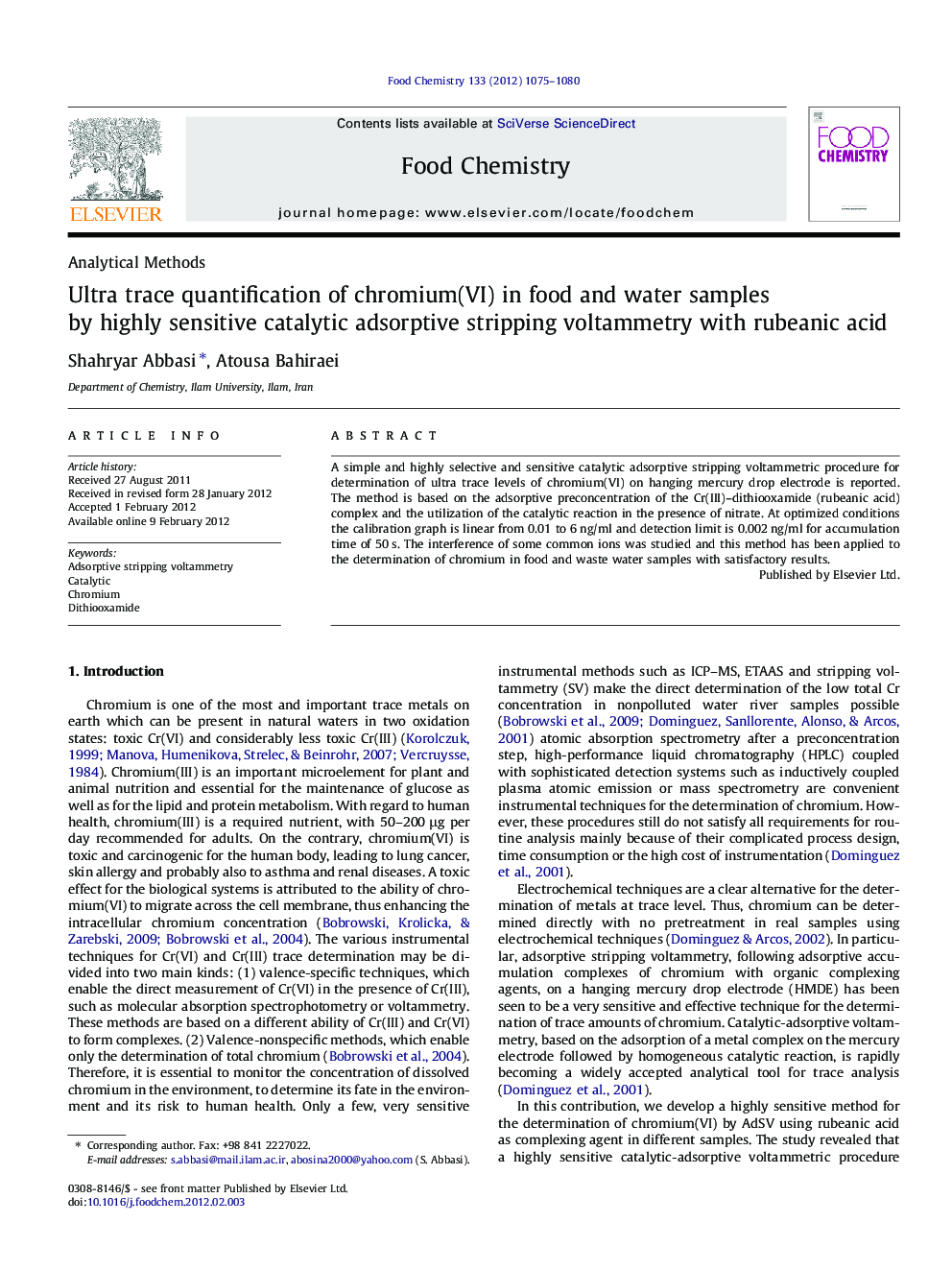 Ultra trace quantification of chromium(VI) in food and water samples by highly sensitive catalytic adsorptive stripping voltammetry with rubeanic acid