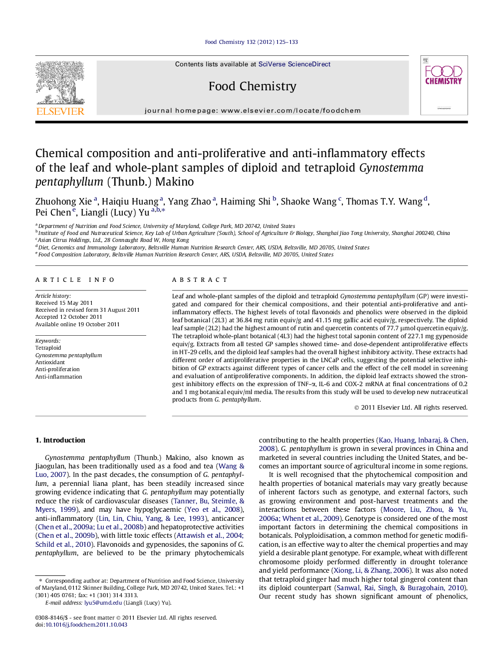 عکس صفحه اول مقاله: Chemical composition and anti-proliferative and anti-inflammatory effects of the leaf and whole-plant samples of diploid and tetraploid Gynostemma pentaphyllum (Thunb.) Makino Chemical composition and anti-proliferative and anti-inflammatory effects of the leaf and whole-plant samples of diploid and tetraploid Gynostemma pentaphyllum (Thunb.) Makino