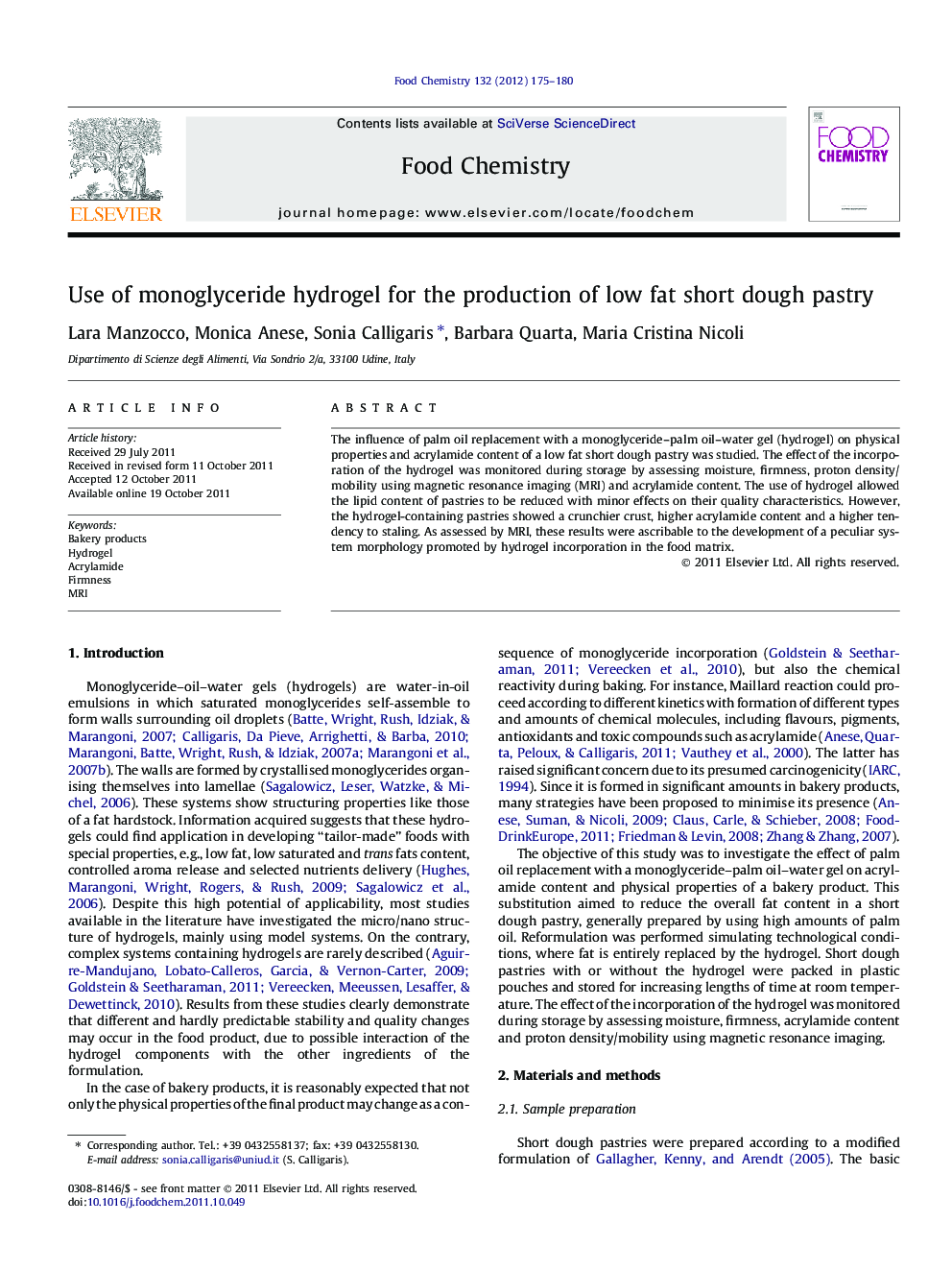 Use of monoglyceride hydrogel for the production of low fat short dough pastry