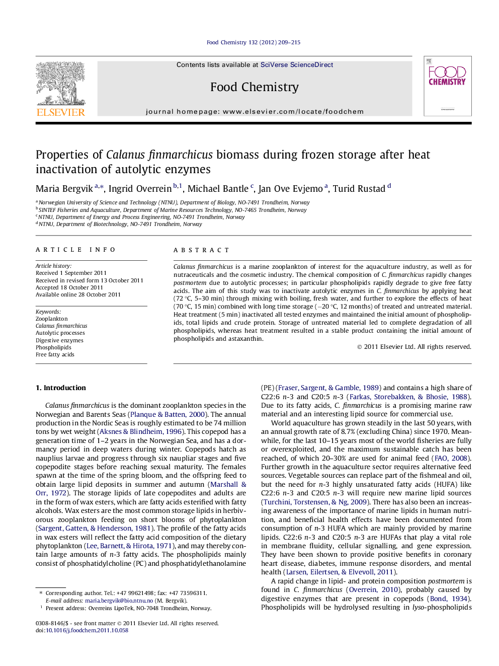 Properties of Calanus finmarchicus biomass during frozen storage after heat inactivation of autolytic enzymes