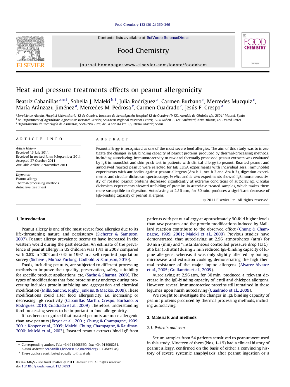 Heat and pressure treatments effects on peanut allergenicity