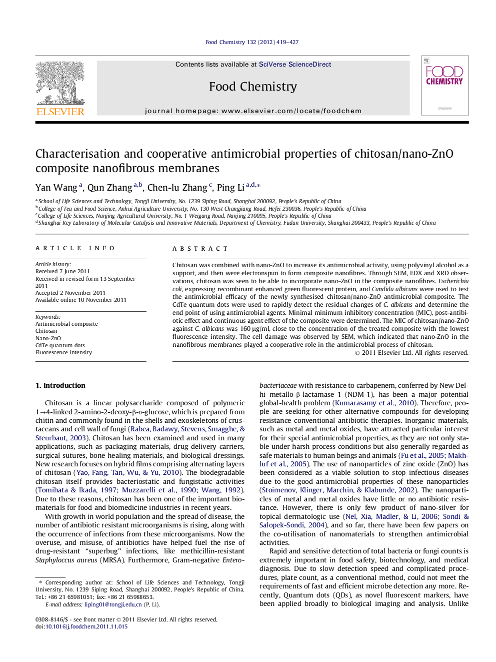 Characterisation and cooperative antimicrobial properties of chitosan/nano-ZnO composite nanofibrous membranes