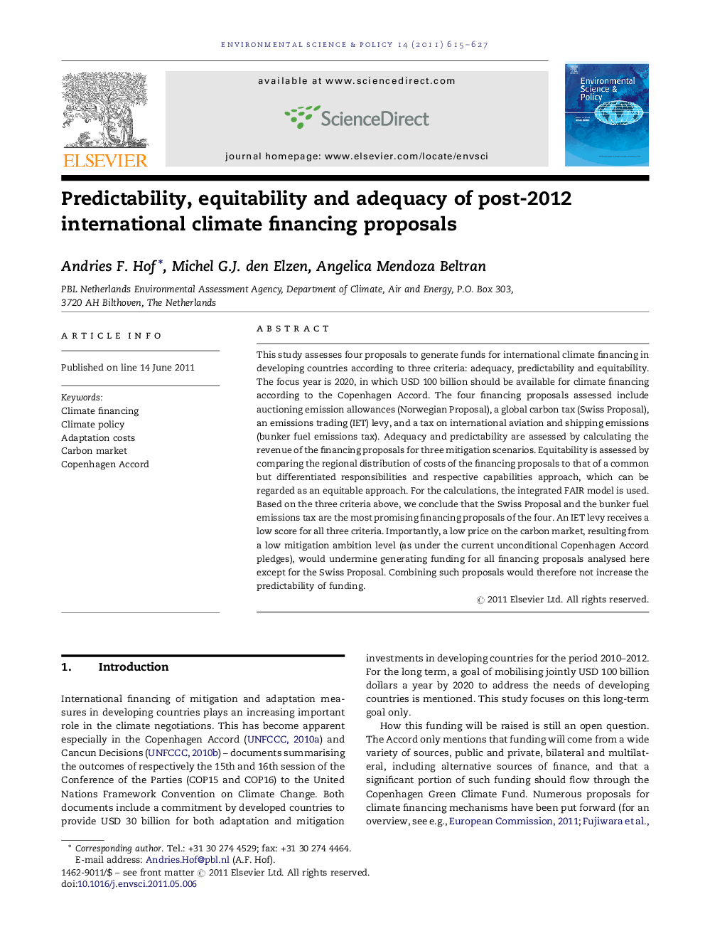 Predictability, equitability and adequacy of post-2012 international climate financing proposals