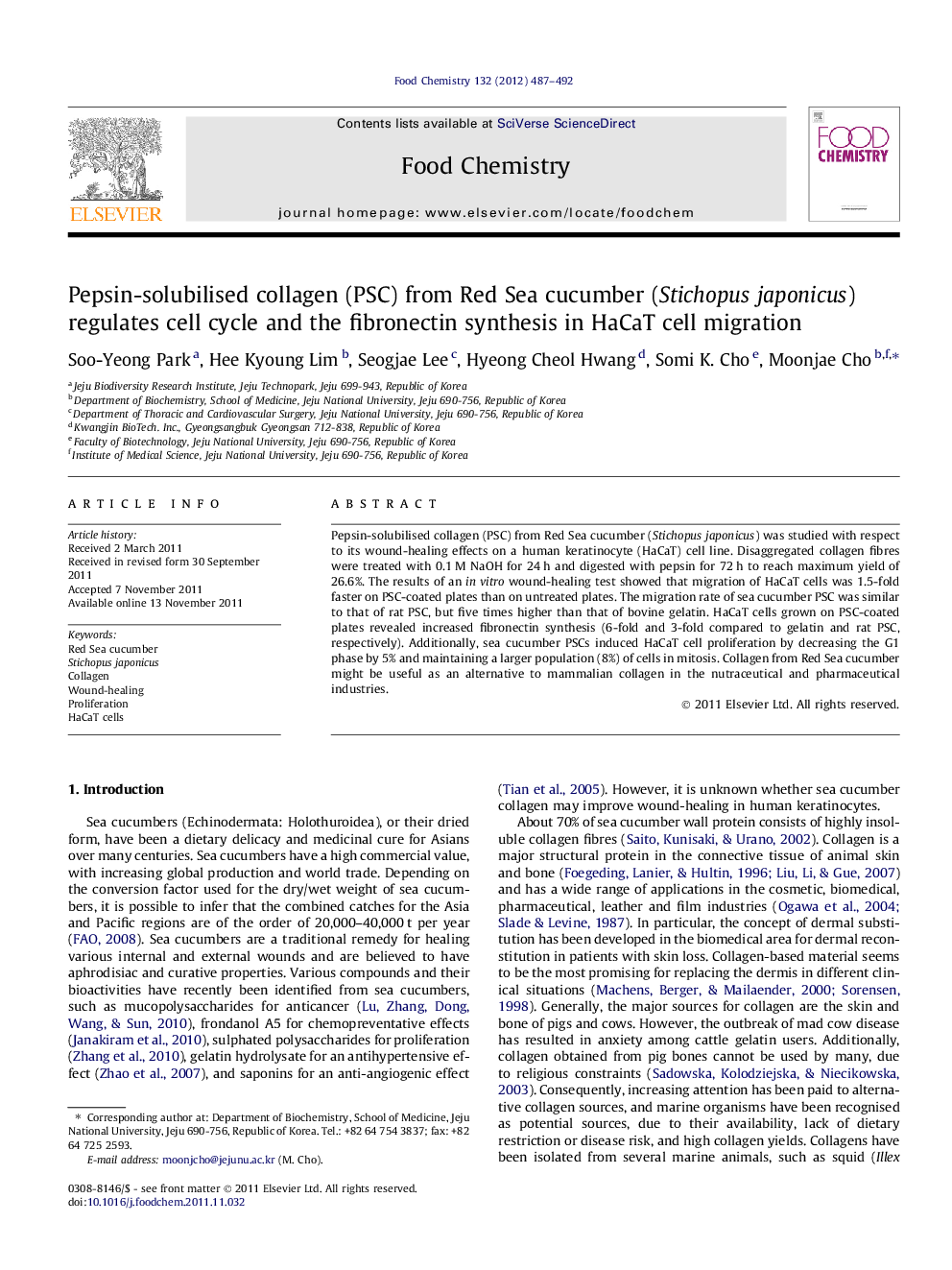 Pepsin-solubilised collagen (PSC) from Red Sea cucumber (Stichopus japonicus) regulates cell cycle and the fibronectin synthesis in HaCaT cell migration