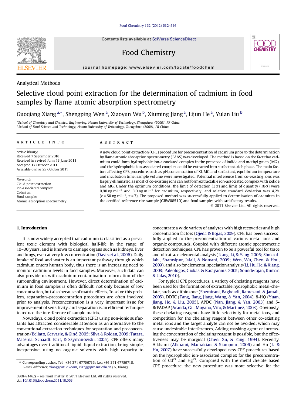 Selective cloud point extraction for the determination of cadmium in food samples by flame atomic absorption spectrometry