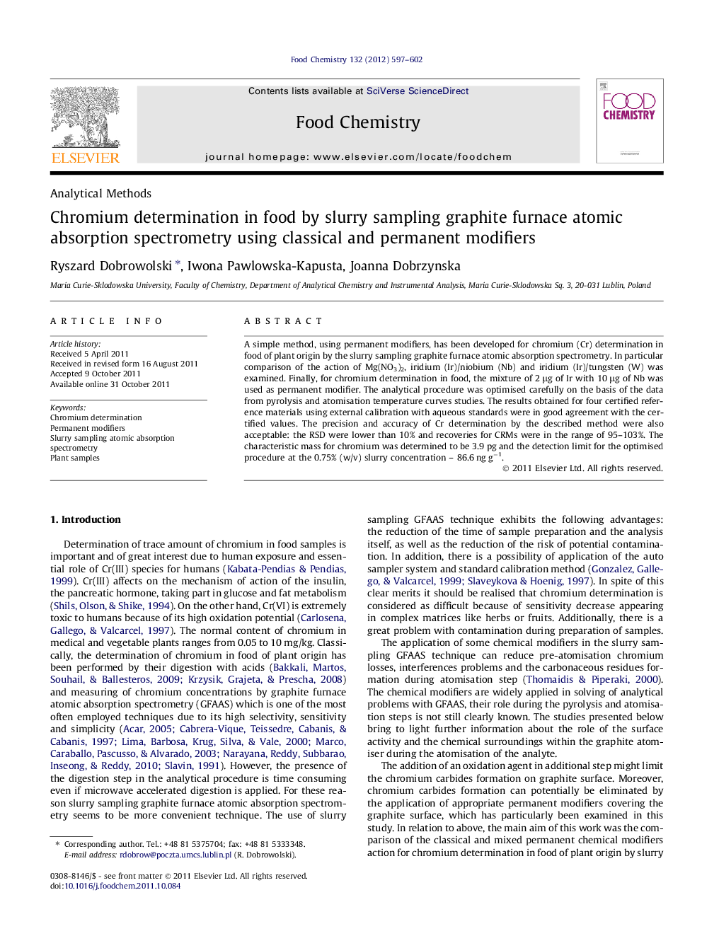 Chromium determination in food by slurry sampling graphite furnace atomic absorption spectrometry using classical and permanent modifiers