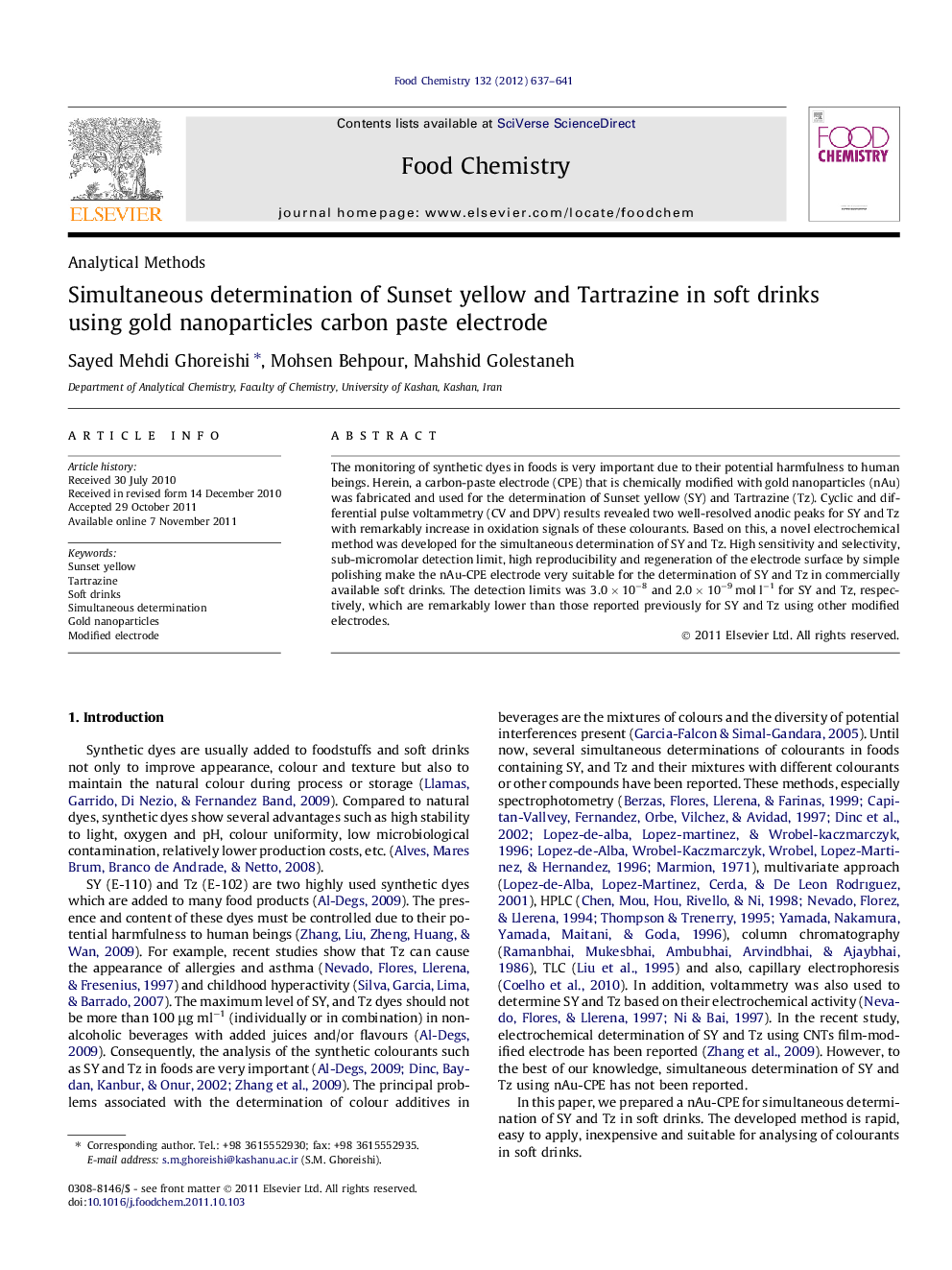 Simultaneous determination of Sunset yellow and Tartrazine in soft drinks using gold nanoparticles carbon paste electrode