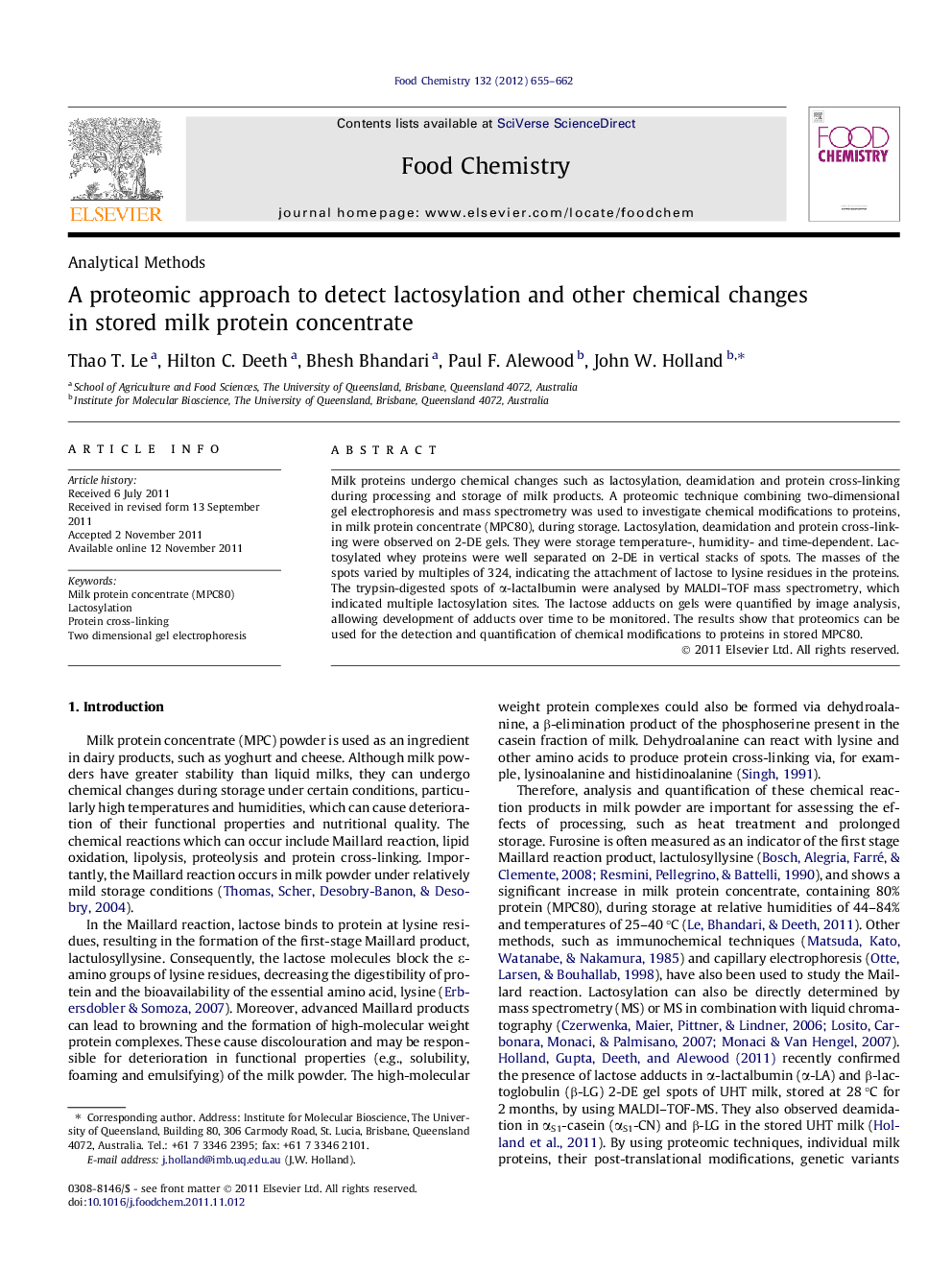 A proteomic approach to detect lactosylation and other chemical changes in stored milk protein concentrate