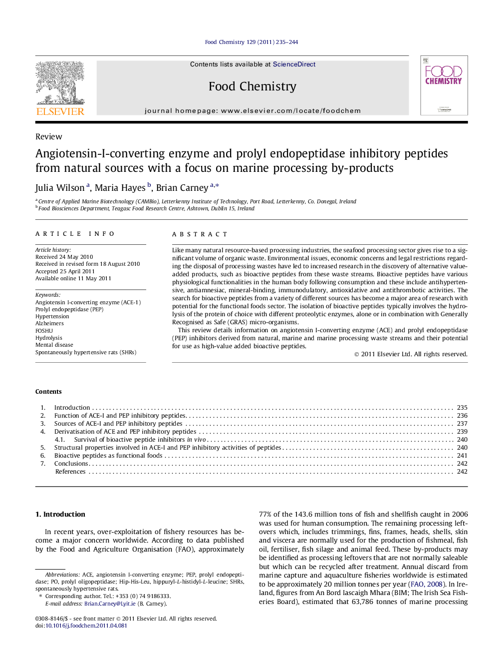 Angiotensin-I-converting enzyme and prolyl endopeptidase inhibitory peptides from natural sources with a focus on marine processing by-products