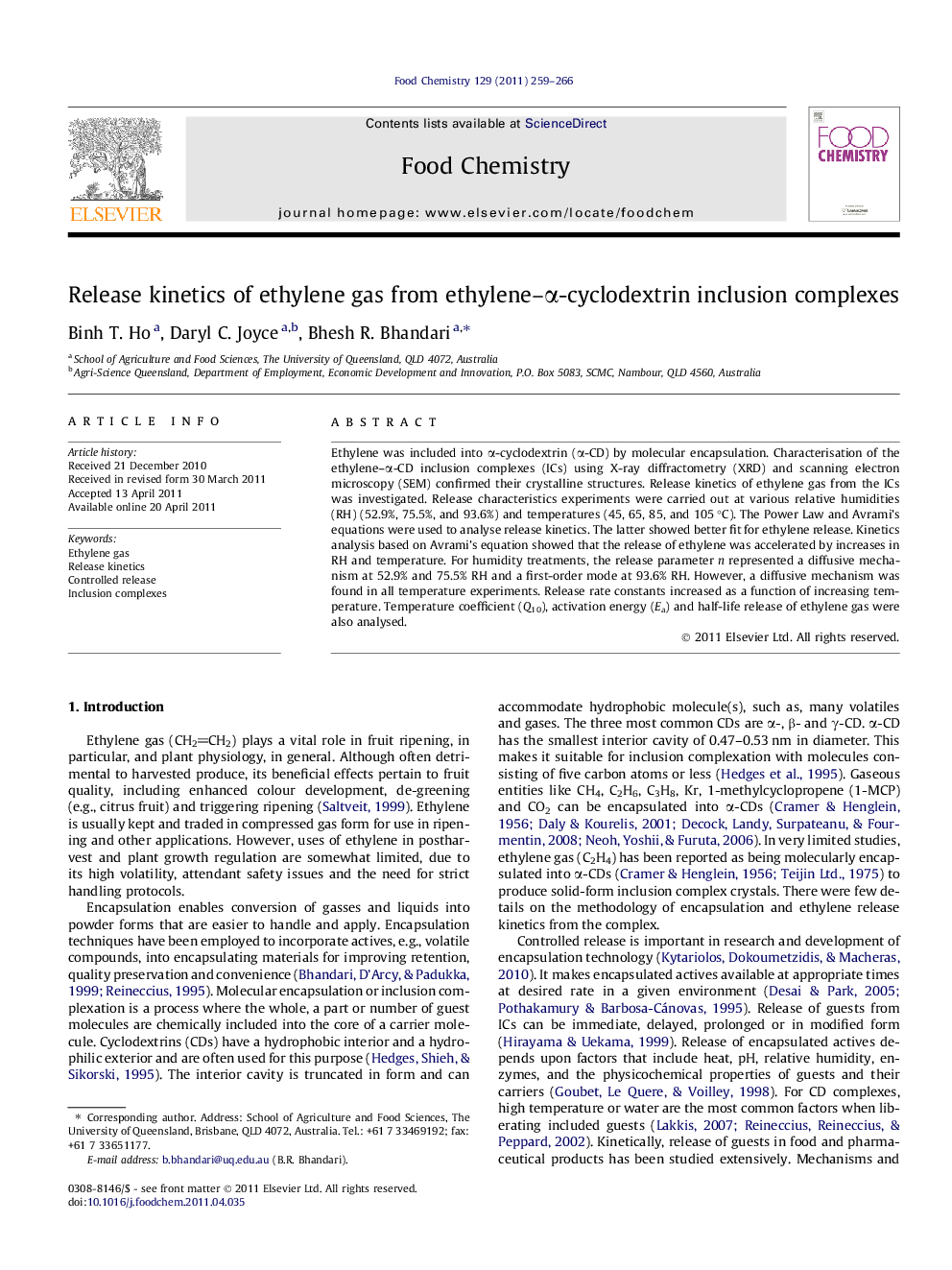 Release kinetics of ethylene gas from ethylene-Î±-cyclodextrin inclusion complexes