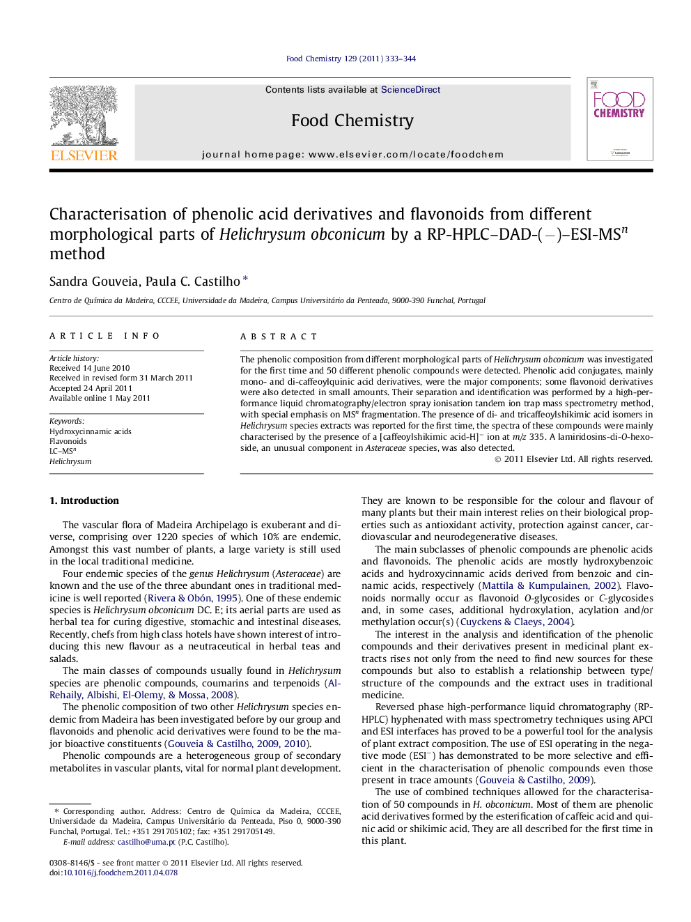 Characterisation of phenolic acid derivatives and flavonoids from different morphological parts of Helichrysum obconicum by a RP-HPLC-DAD-(â)-ESI-MSn method