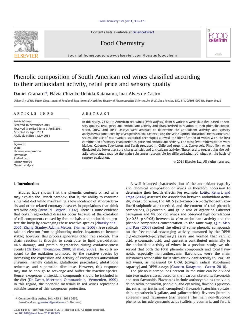 Phenolic composition of South American red wines classified according to their antioxidant activity, retail price and sensory quality