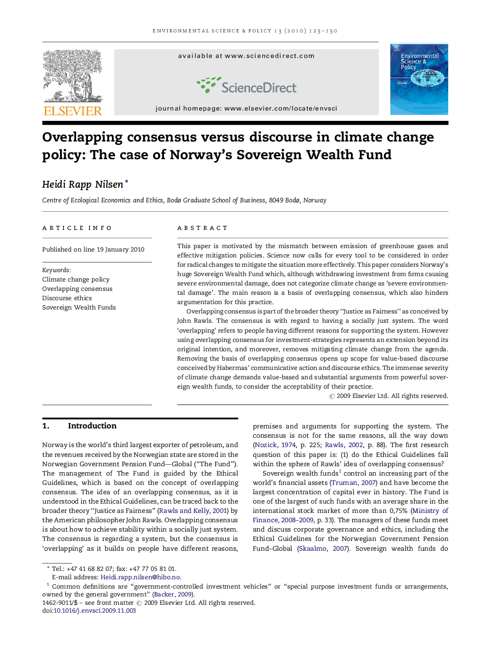 Overlapping consensus versus discourse in climate change policy: The case of Norway's Sovereign Wealth Fund