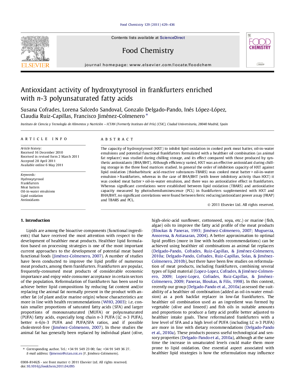 Antioxidant activity of hydroxytyrosol in frankfurters enriched with n-3 polyunsaturated fatty acids