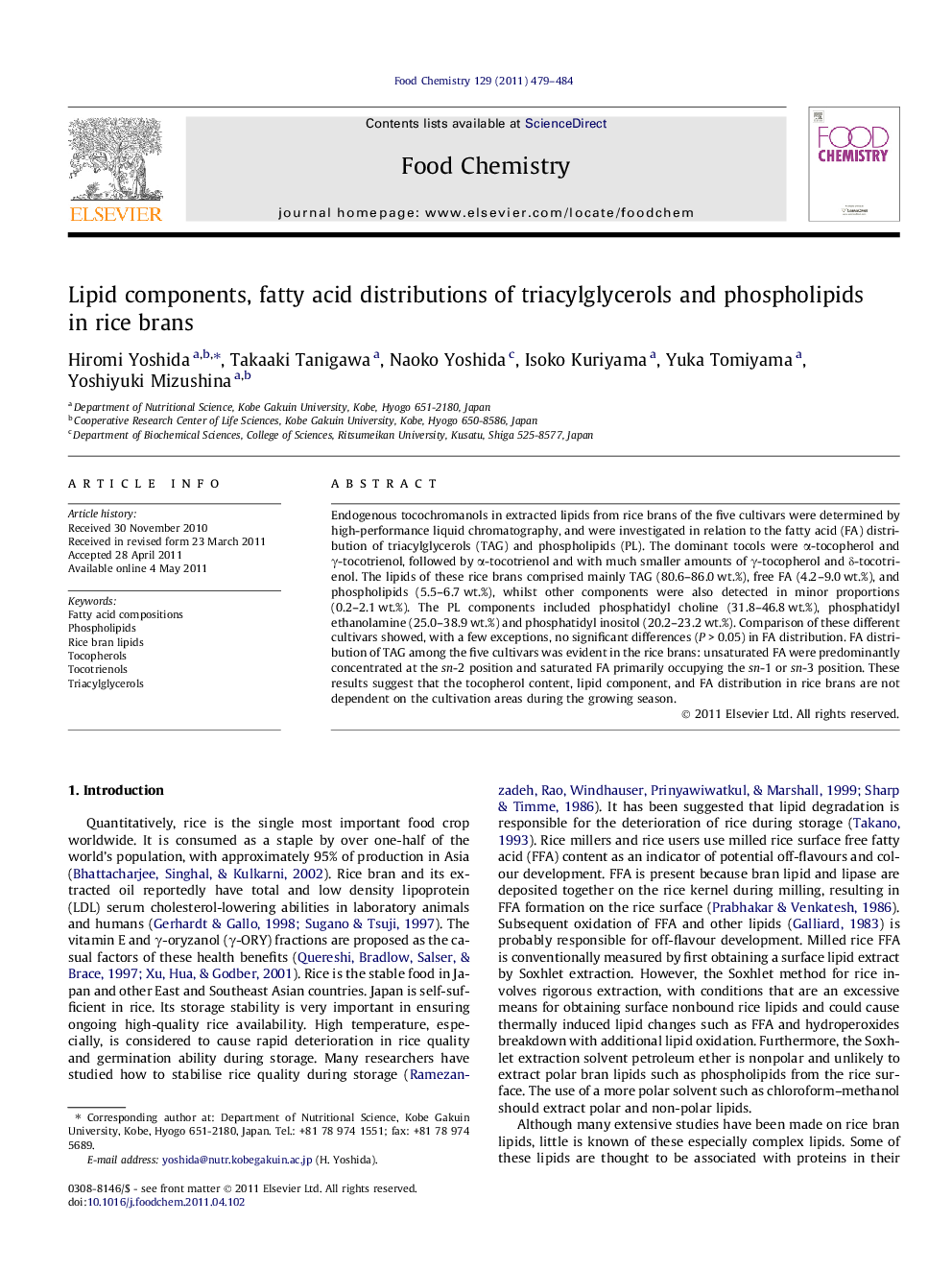 Lipid components, fatty acid distributions of triacylglycerols and phospholipids in rice brans