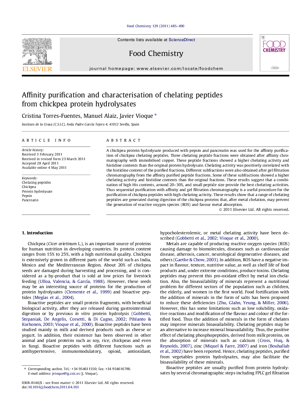 عکس صفحه اول مقاله: Affinity purification and characterisation of chelating peptides from chickpea protein hydrolysates Affinity purification and characterisation of chelating peptides from chickpea protein hydrolysates