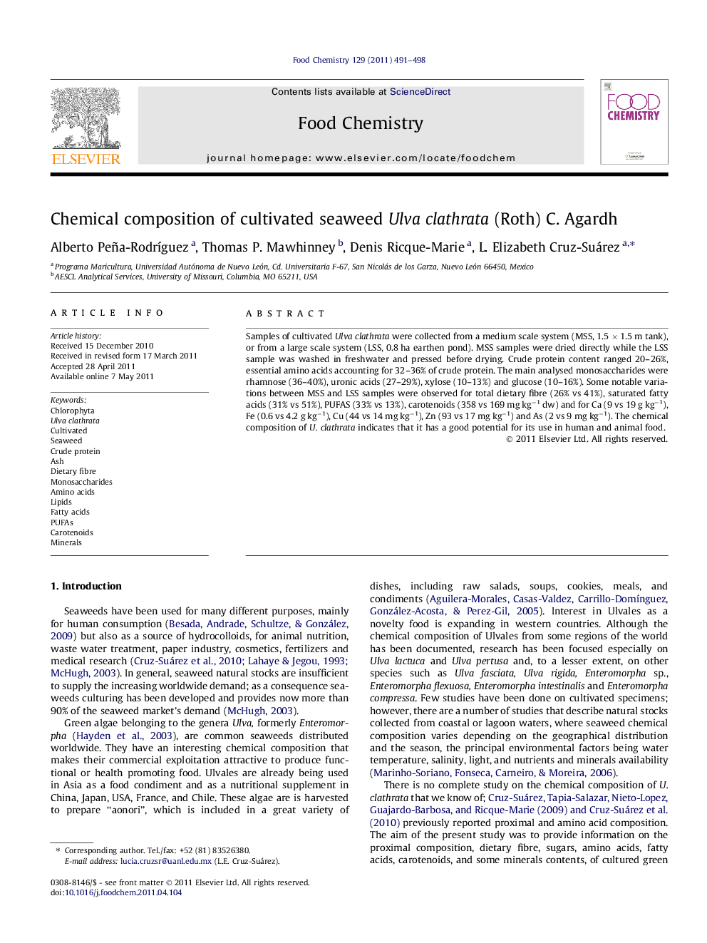 Chemical composition of cultivated seaweed Ulva clathrata (Roth) C. Agardh