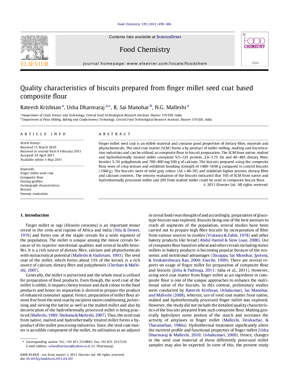 Quality characteristics of biscuits prepared from finger millet seed coat based composite flour