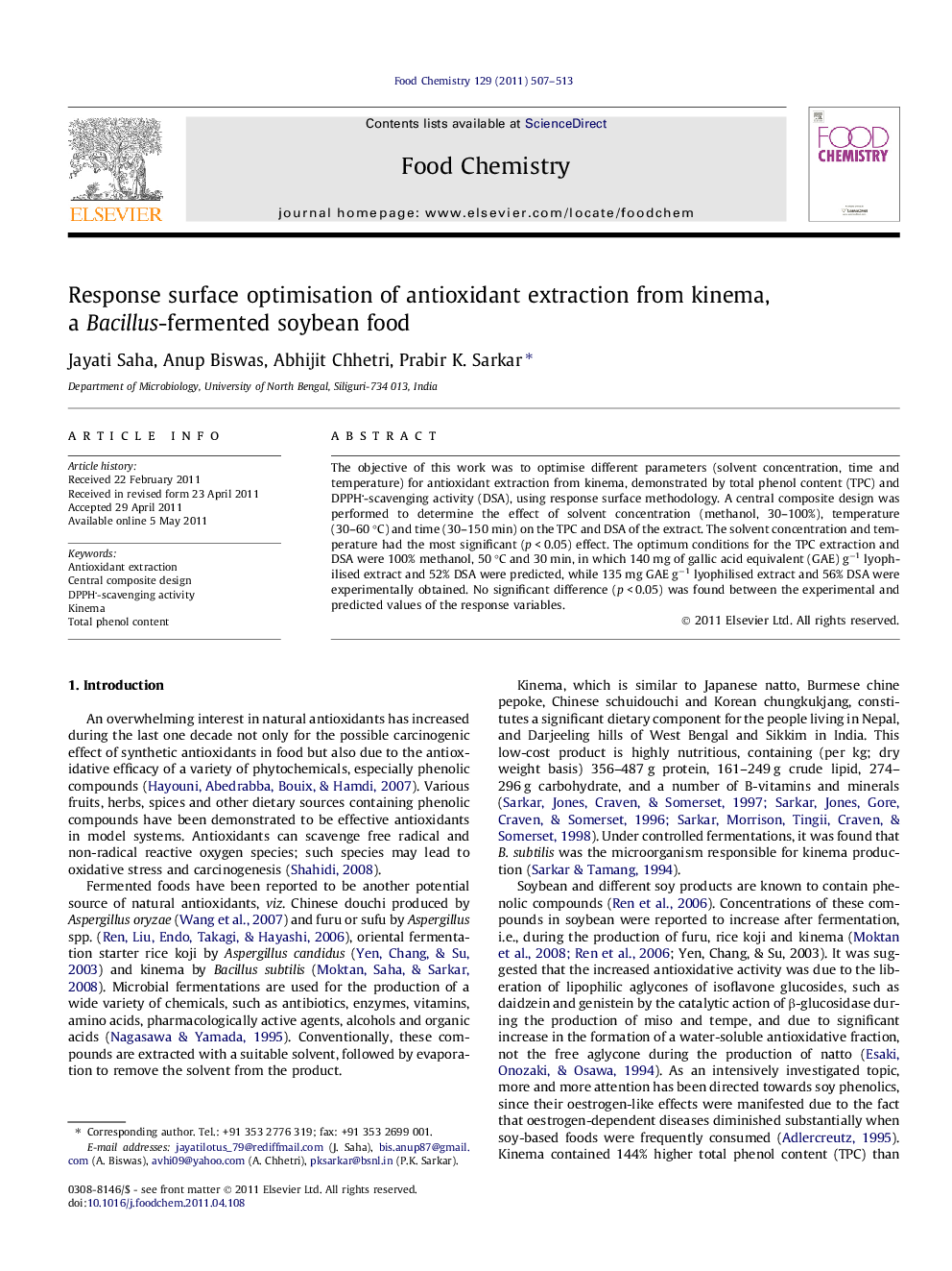 Response surface optimisation of antioxidant extraction from kinema, a Bacillus-fermented soybean food