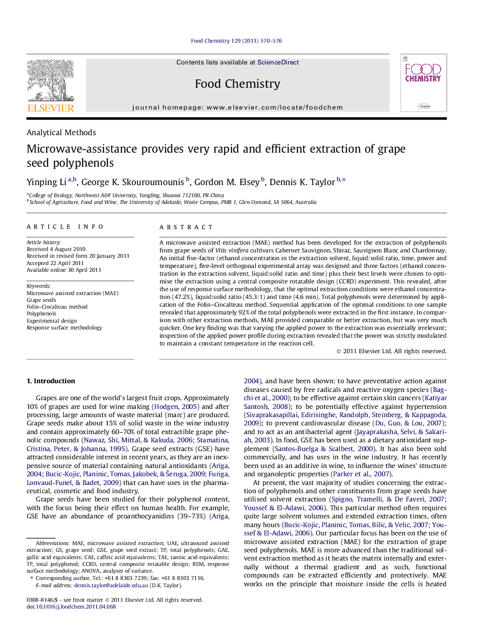 Microwave-assistance provides very rapid and efficient extraction of grape seed polyphenols