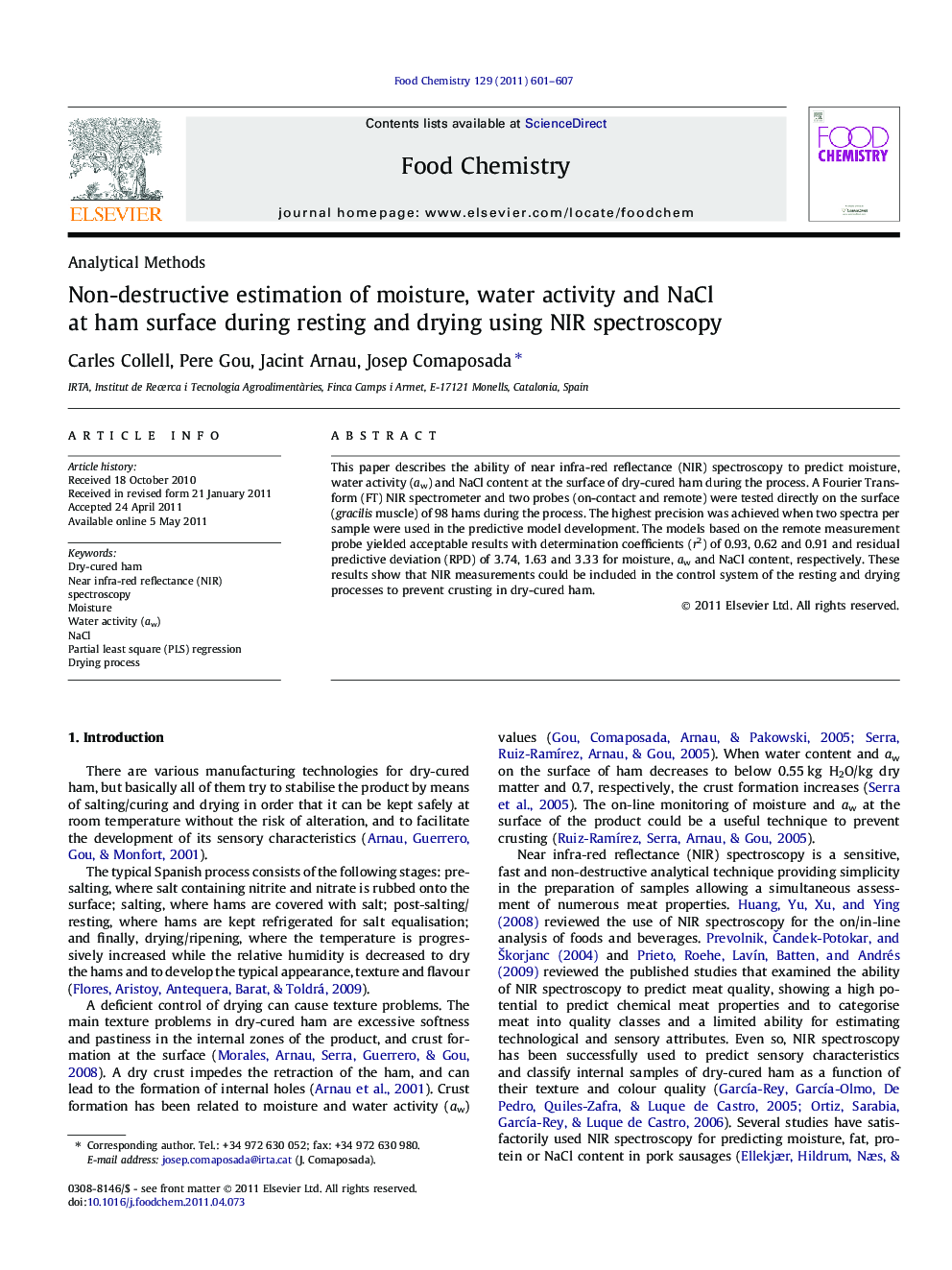 عکس صفحه اول مقاله: Non-destructive estimation of moisture, water activity and NaCl at ham surface during resting and drying using NIR spectroscopy Non-destructive estimation of moisture, water activity and NaCl at ham surface during resting and drying using NIR spectroscopy