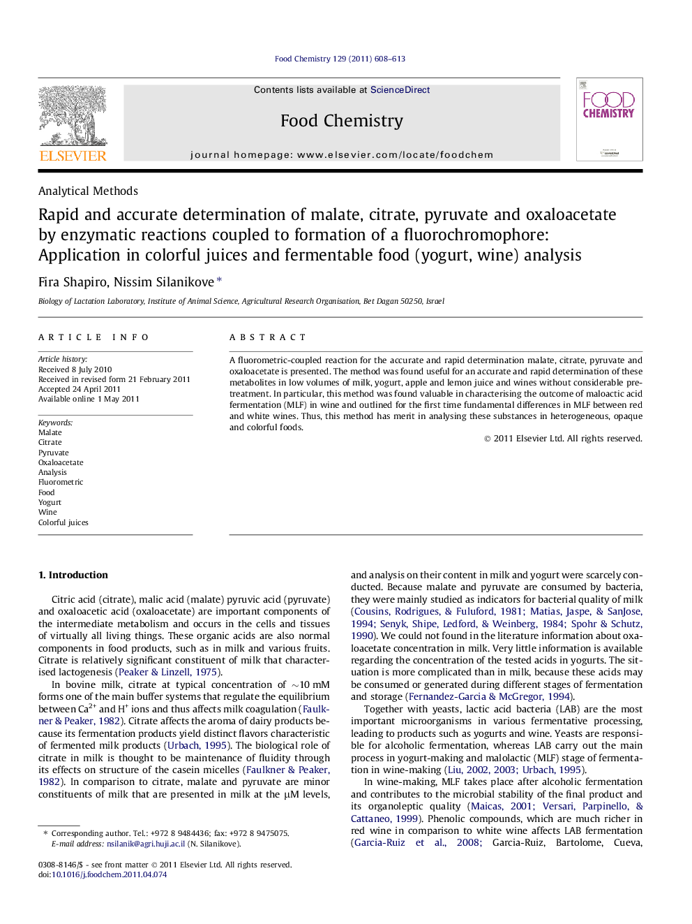 Rapid and accurate determination of malate, citrate, pyruvate and oxaloacetate by enzymatic reactions coupled to formation of a fluorochromophore: Application in colorful juices and fermentable food (yogurt, wine) analysis