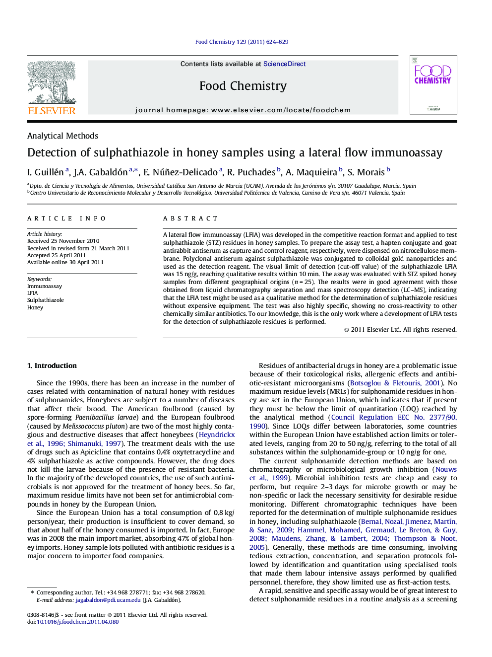 Detection of sulphathiazole in honey samples using a lateral flow immunoassay