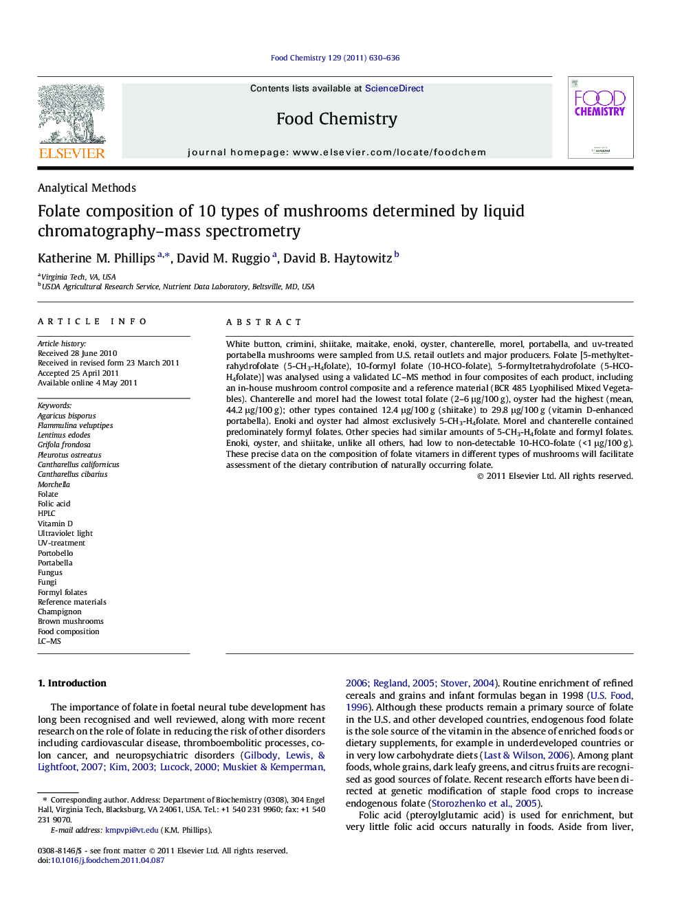 Folate composition of 10 types of mushrooms determined by liquid chromatography-mass spectrometry