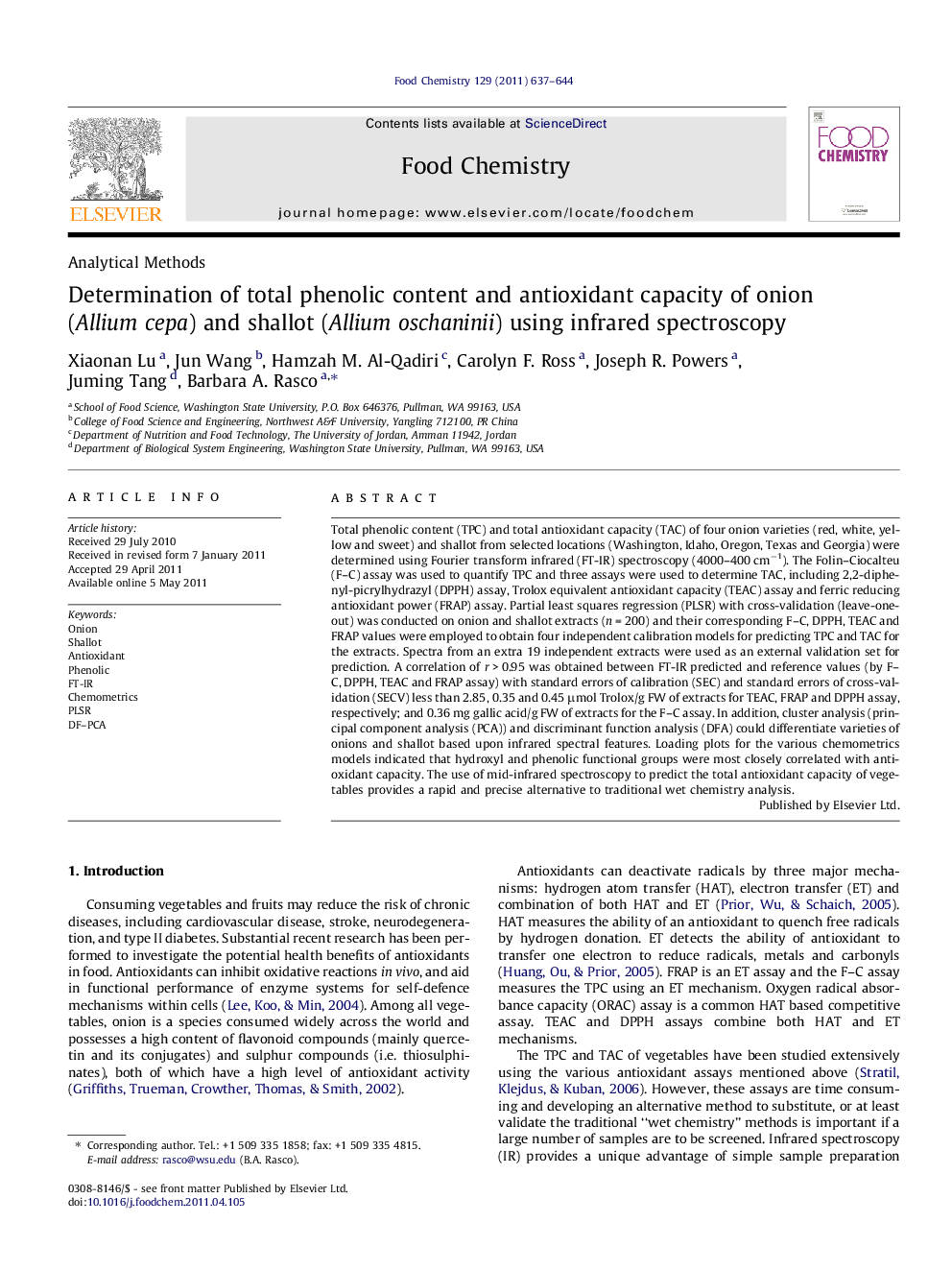 Determination of total phenolic content and antioxidant capacity of onion (Allium cepa) and shallot (Allium oschaninii) using infrared spectroscopy