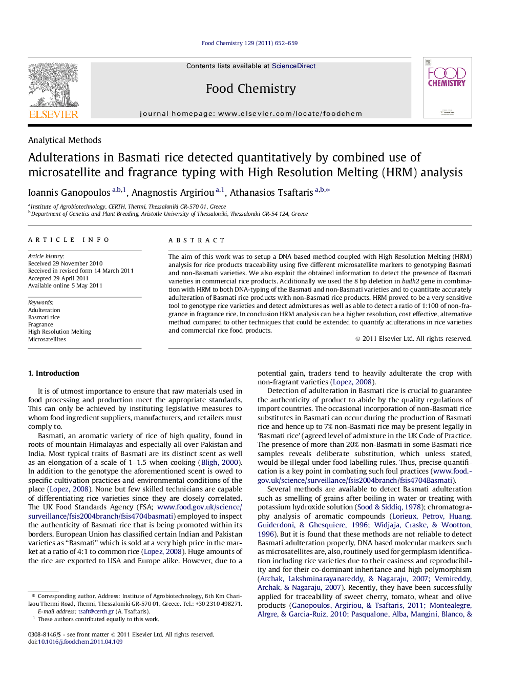 Adulterations in Basmati rice detected quantitatively by combined use of microsatellite and fragrance typing with High Resolution Melting (HRM) analysis