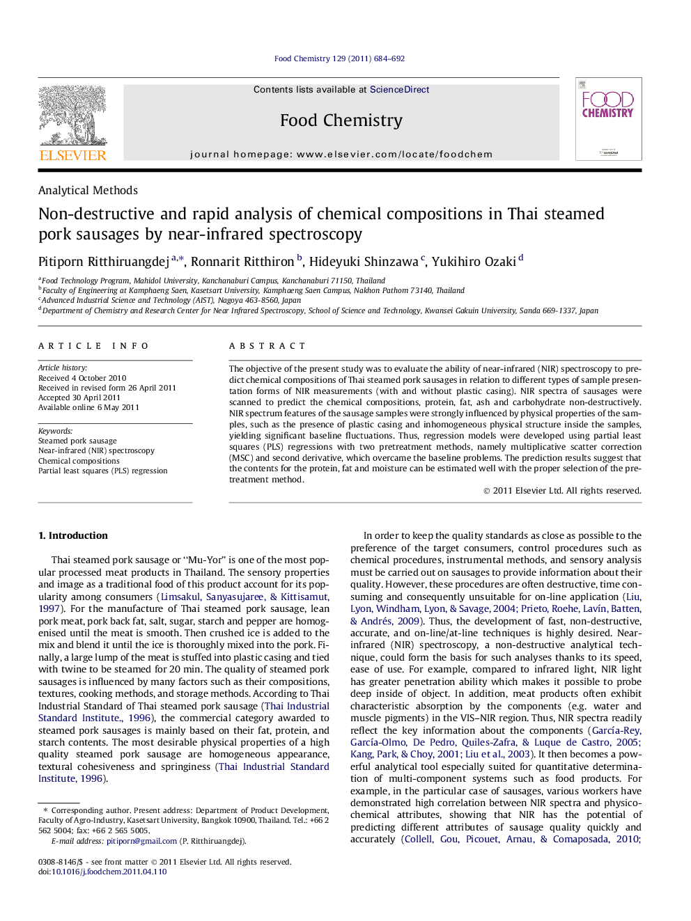 Non-destructive and rapid analysis of chemical compositions in Thai steamed pork sausages by near-infrared spectroscopy