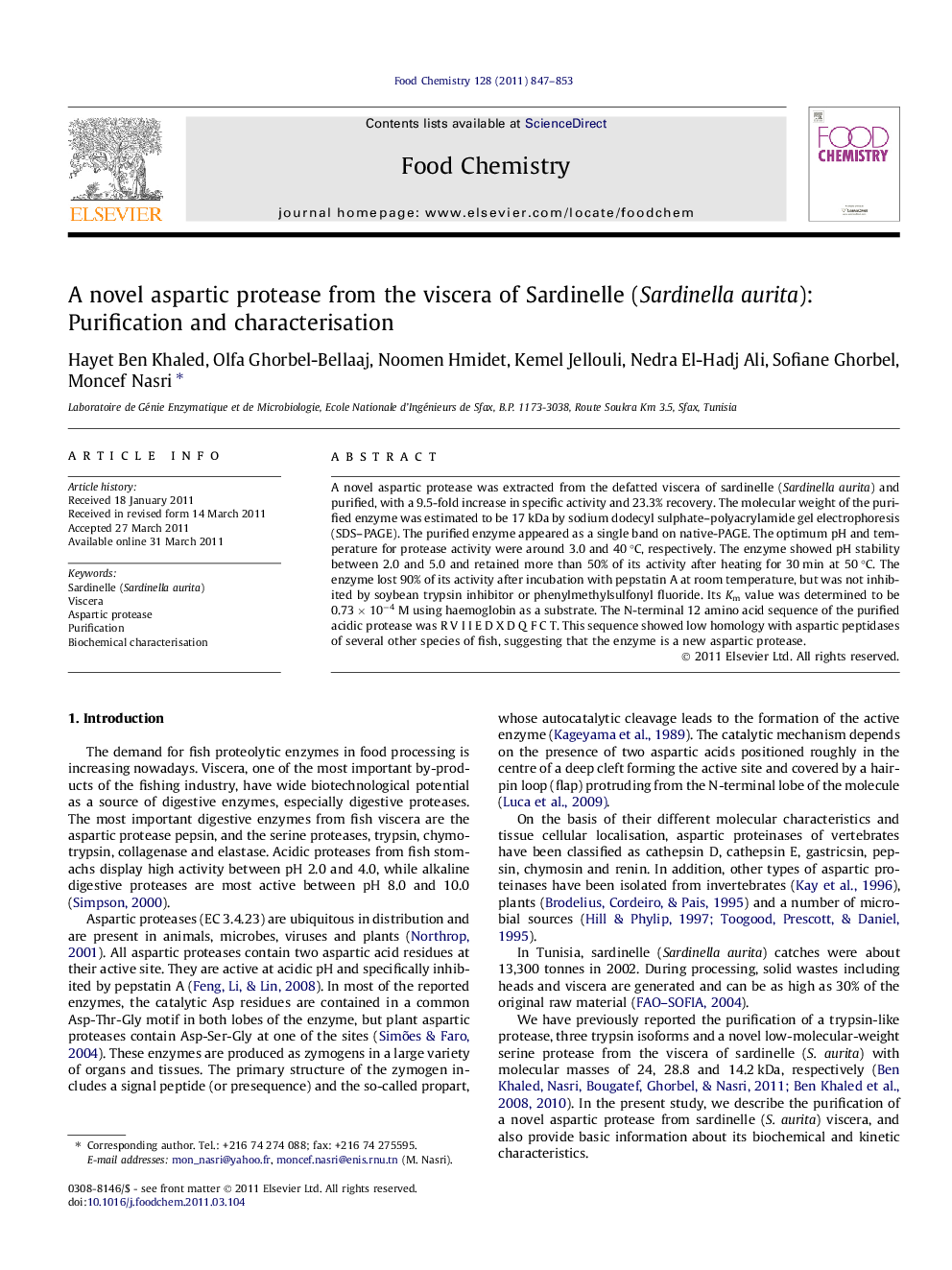 A novel aspartic protease from the viscera of Sardinelle (Sardinella aurita): Purification and characterisation