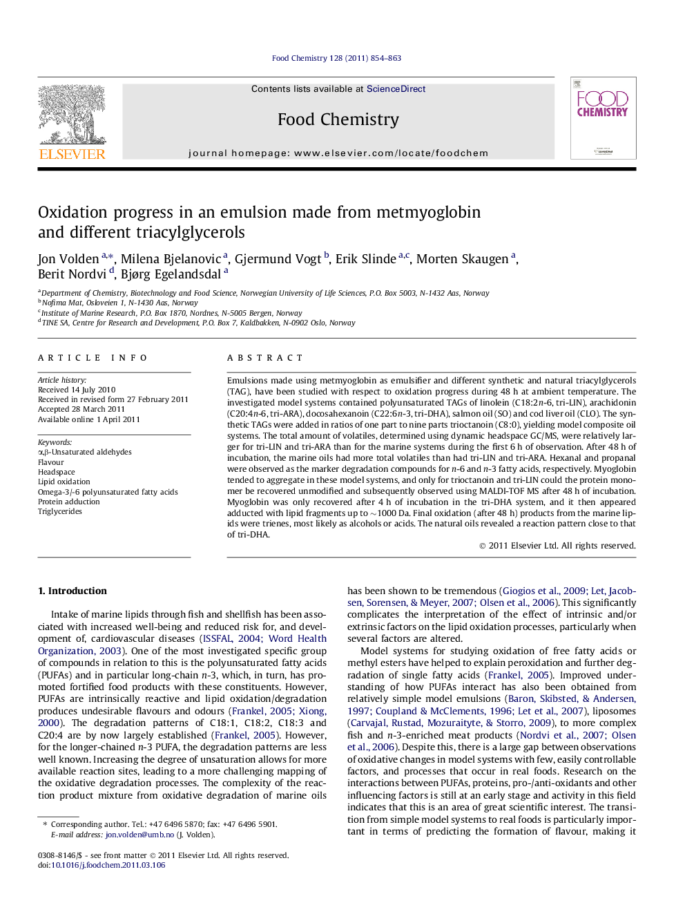 Oxidation progress in an emulsion made from metmyoglobin and different triacylglycerols