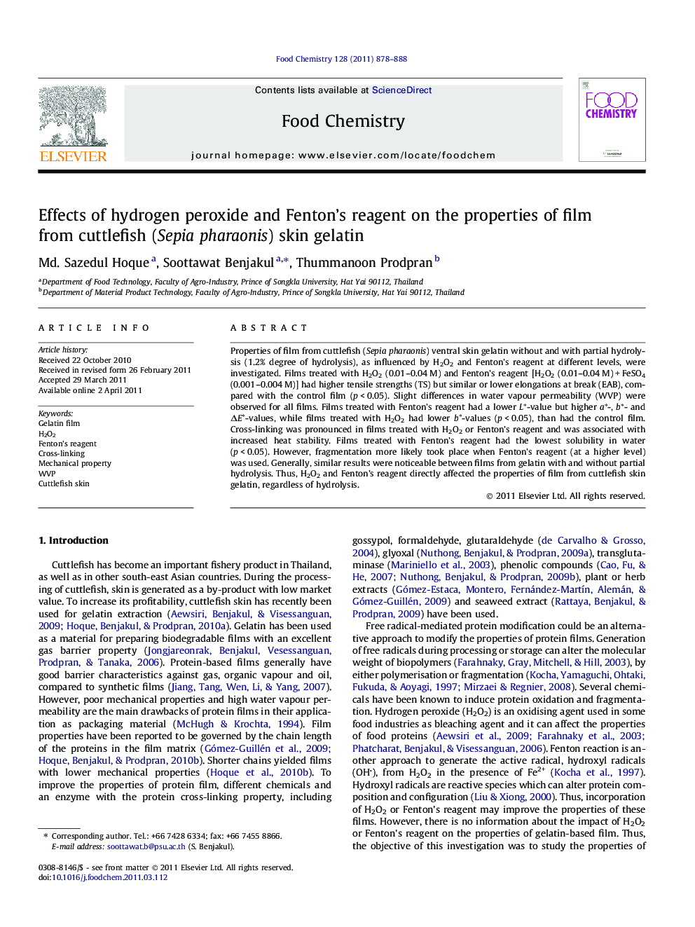 Effects of hydrogen peroxide and Fenton's reagent on the properties of film from cuttlefish (Sepia pharaonis) skin gelatin