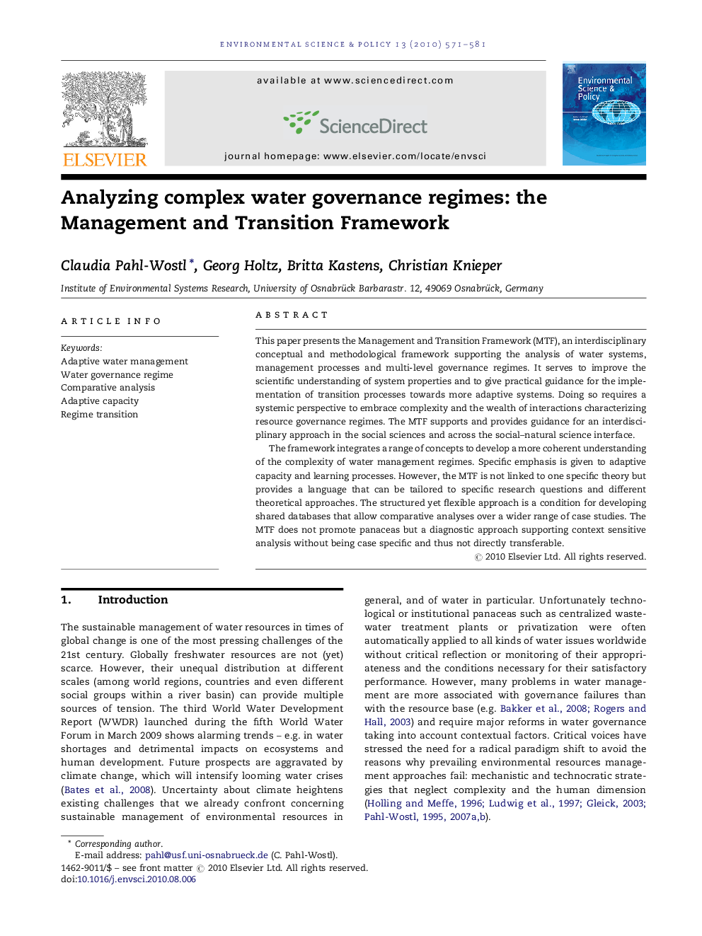 Analyzing complex water governance regimes: the Management and Transition Framework