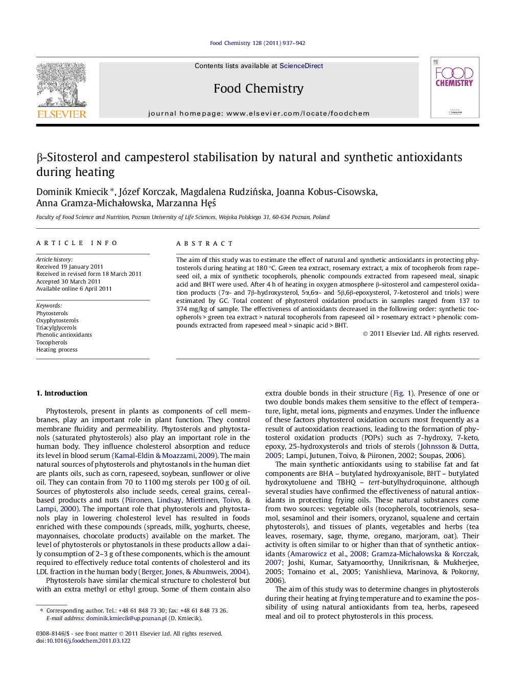 Î²-Sitosterol and campesterol stabilisation by natural and synthetic antioxidants during heating