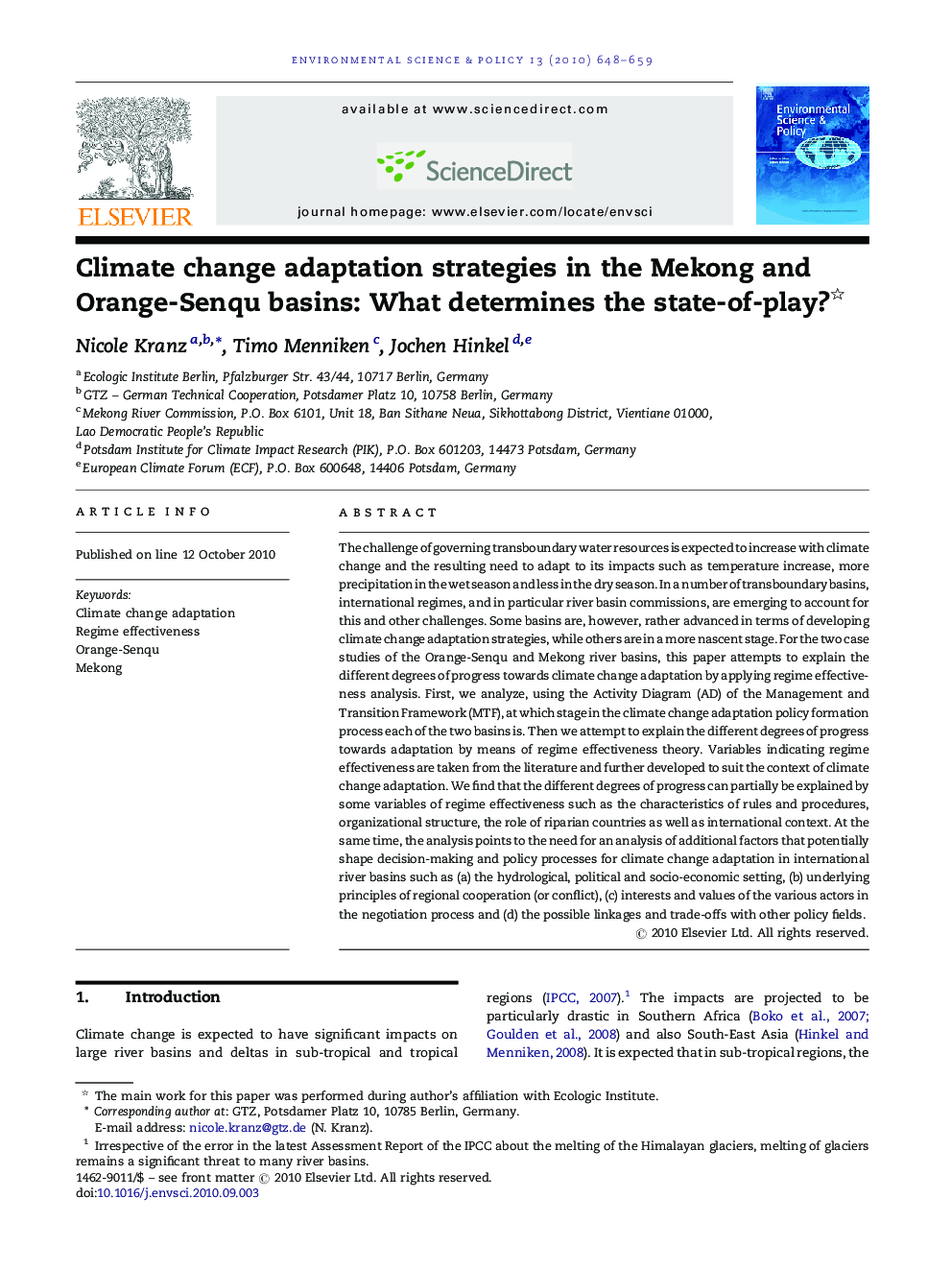 Climate change adaptation strategies in the Mekong and Orange-Senqu basins: What determines the state-of-play? 