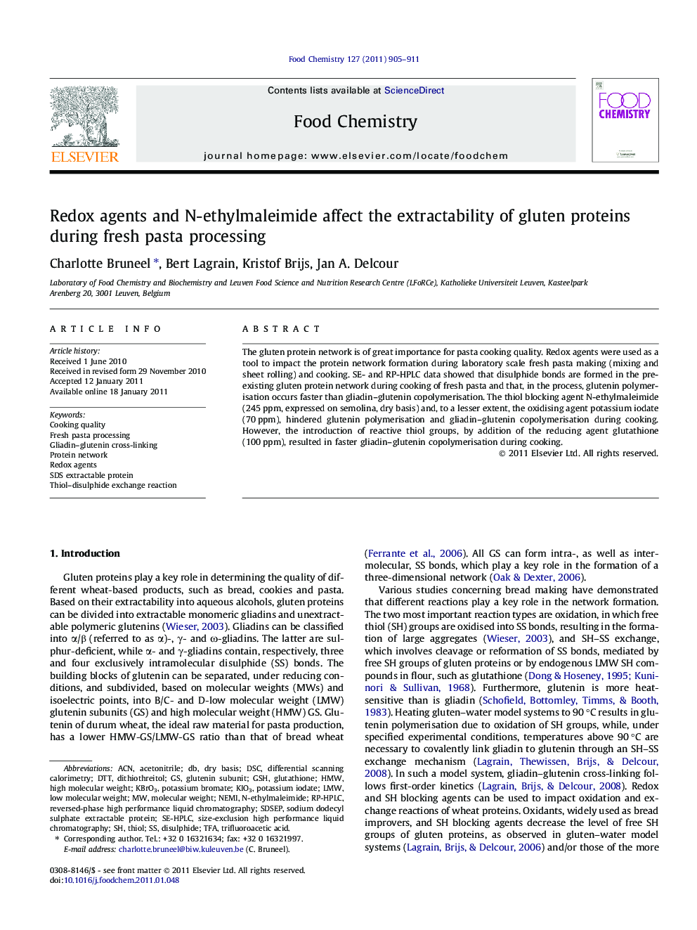 Redox agents and N-ethylmaleimide affect the extractability of gluten proteins during fresh pasta processing