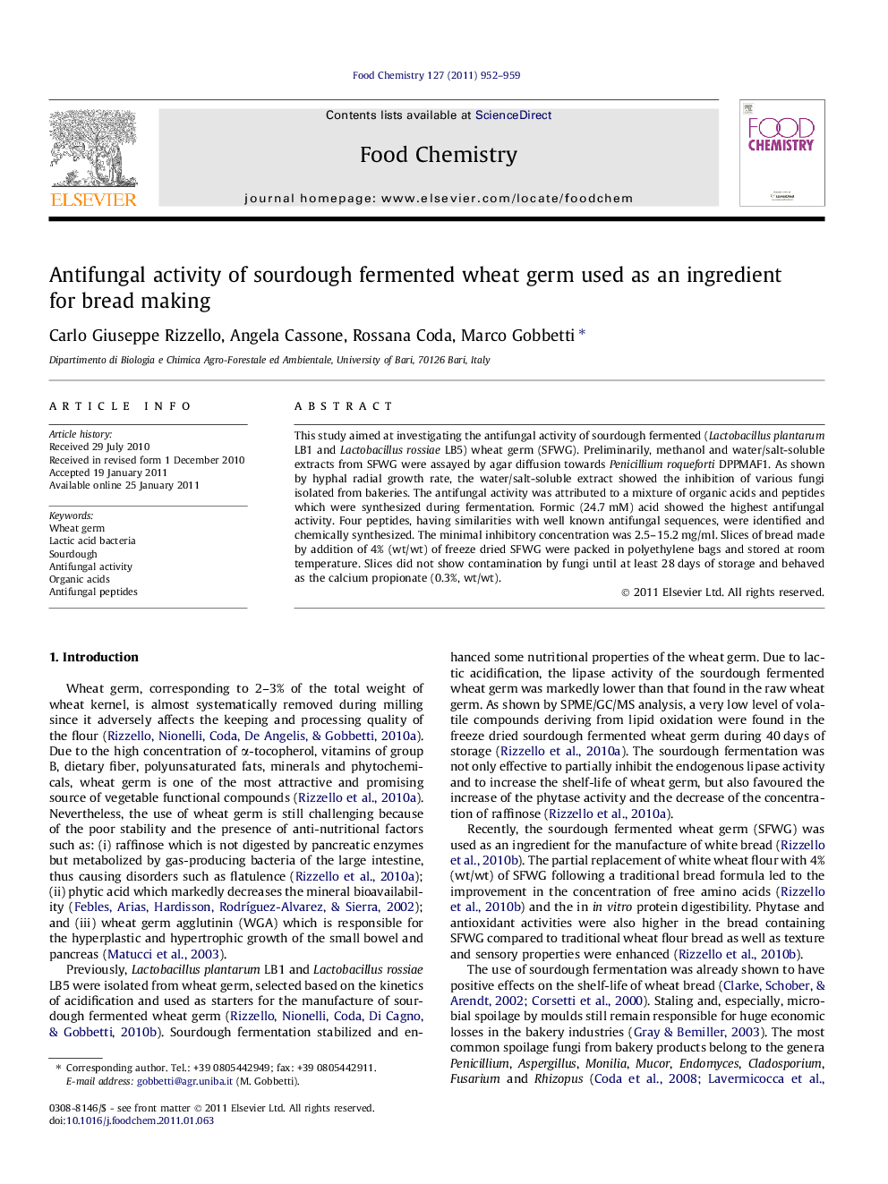 Antifungal activity of sourdough fermented wheat germ used as an ingredient for bread making