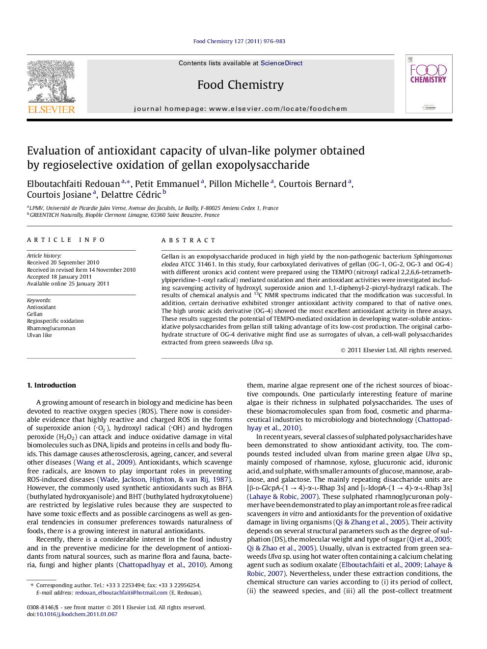 Evaluation of antioxidant capacity of ulvan-like polymer obtained by regioselective oxidation of gellan exopolysaccharide