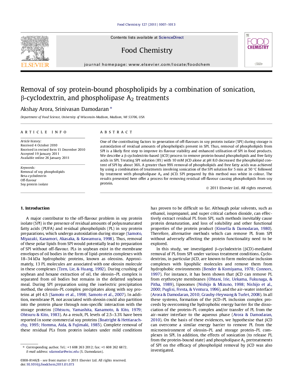 Removal of soy protein-bound phospholipids by a combination of sonication, Î²-cyclodextrin, and phospholipase A2 treatments