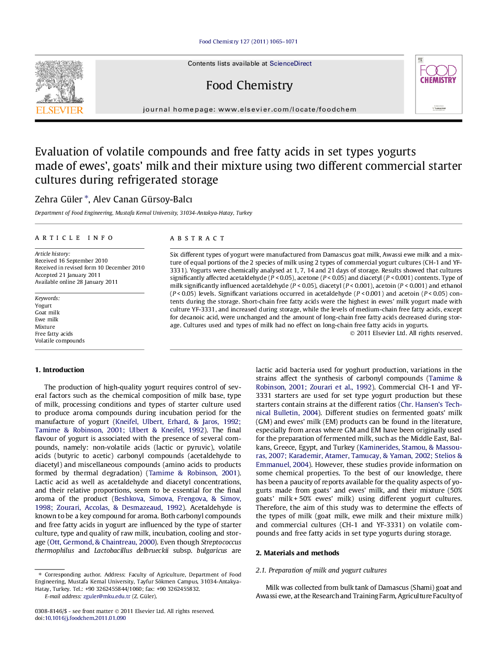 Evaluation of volatile compounds and free fatty acids in set types yogurts made of ewes', goats' milk and their mixture using two different commercial starter cultures during refrigerated storage