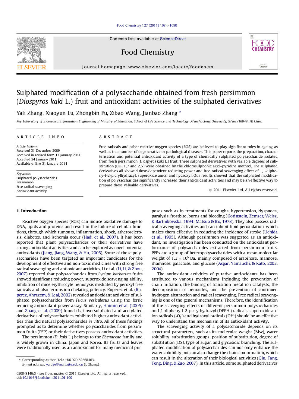 Sulphated modification of a polysaccharide obtained from fresh persimmon (Diospyros kaki L.) fruit and antioxidant activities of the sulphated derivatives