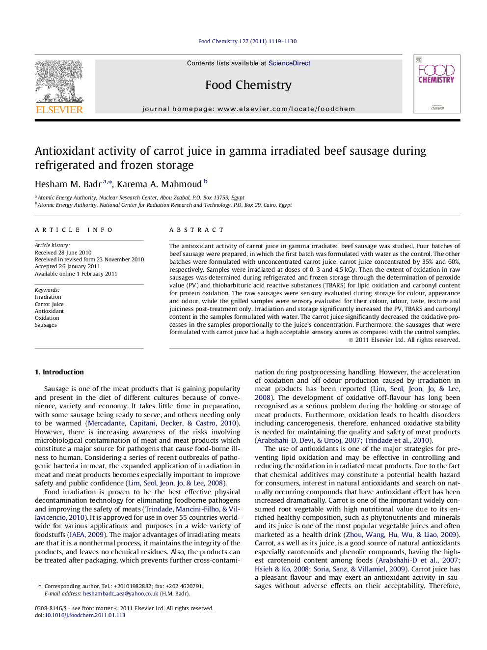 Antioxidant activity of carrot juice in gamma irradiated beef sausage during refrigerated and frozen storage