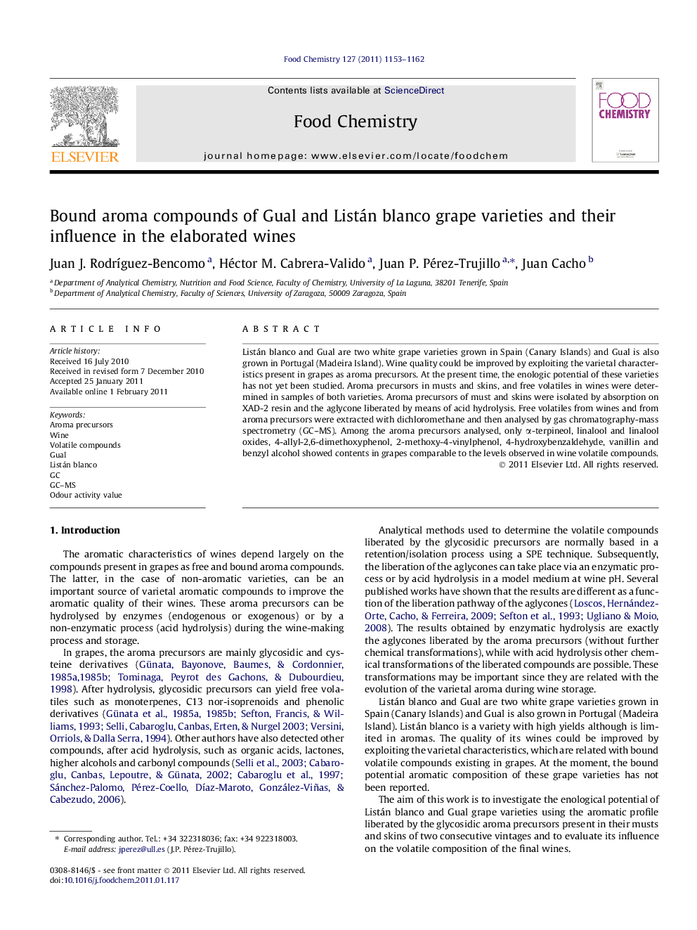 Bound aroma compounds of Gual and Listán blanco grape varieties and their influence in the elaborated wines